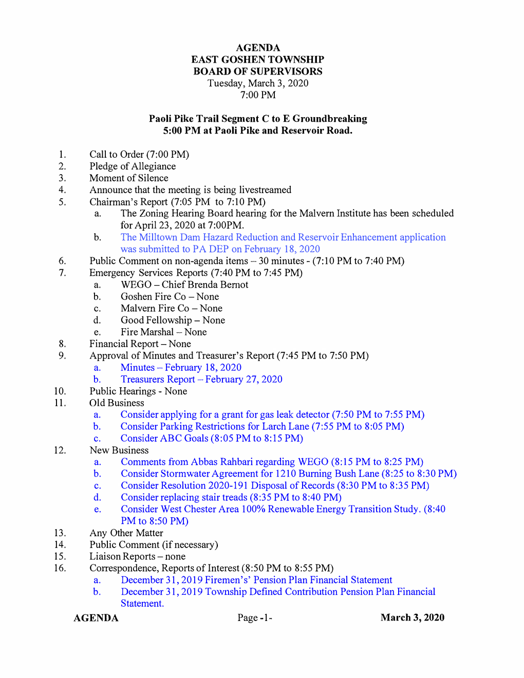 AGENDA EAST GOSHEN TOWNSHIP BOARD of SUPERVISORS Tuesday, March 3, 2020 7:00 PM