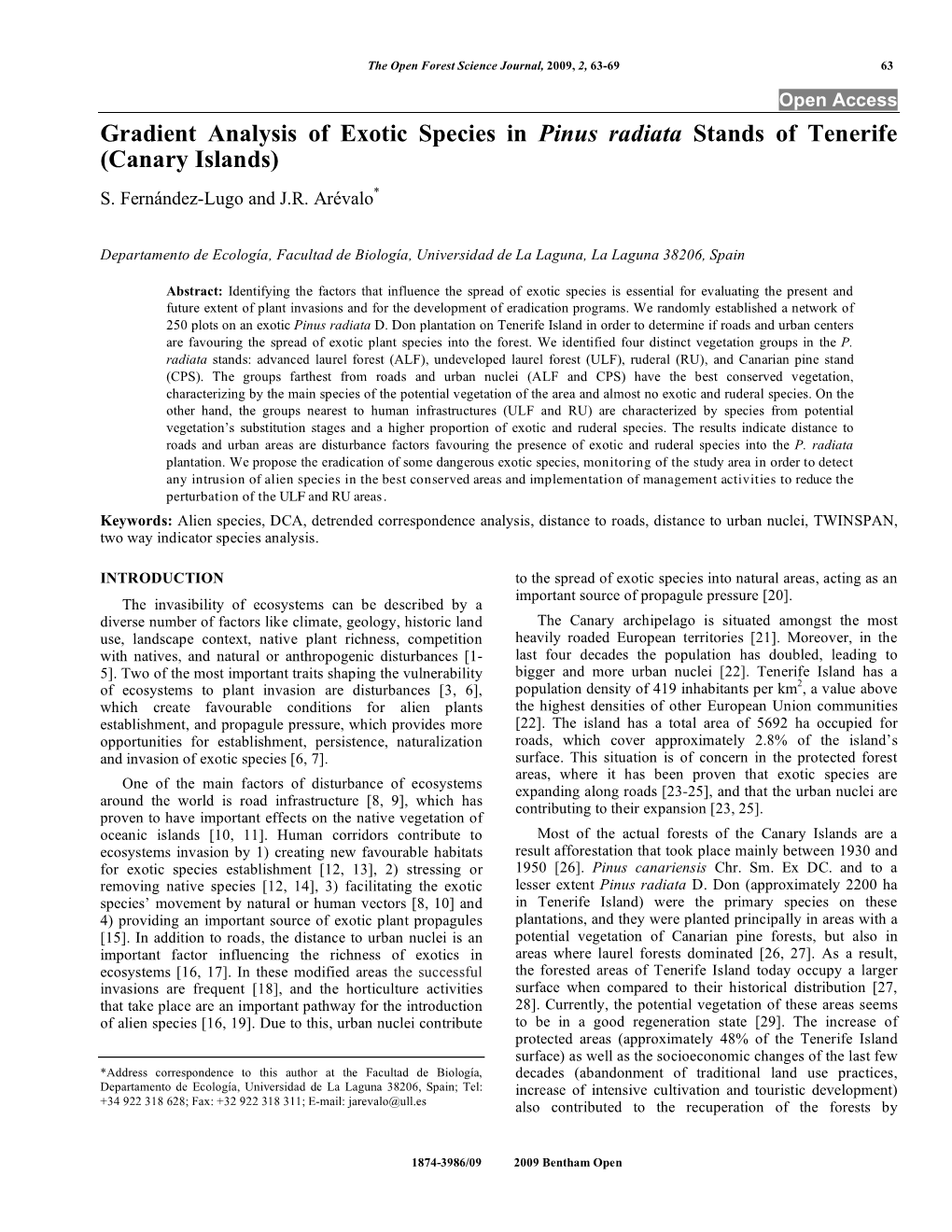 Gradient Analysis of Exotic Species in Pinus Radiata Stands of Tenerife (Canary Islands) S