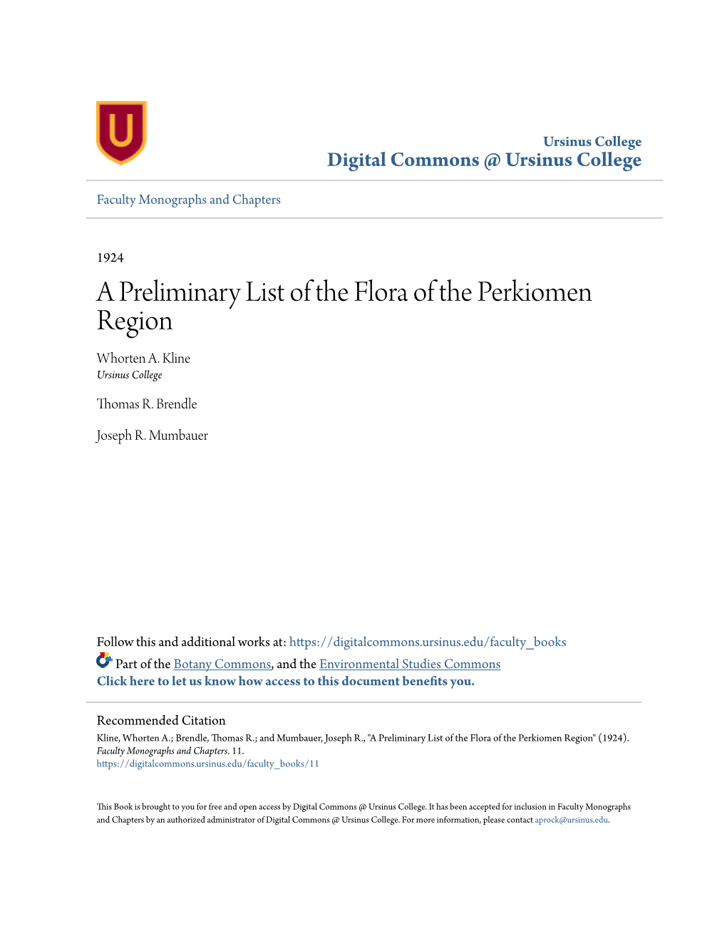 A Preliminary List of the Flora of the Perkiomen Region Whorten A