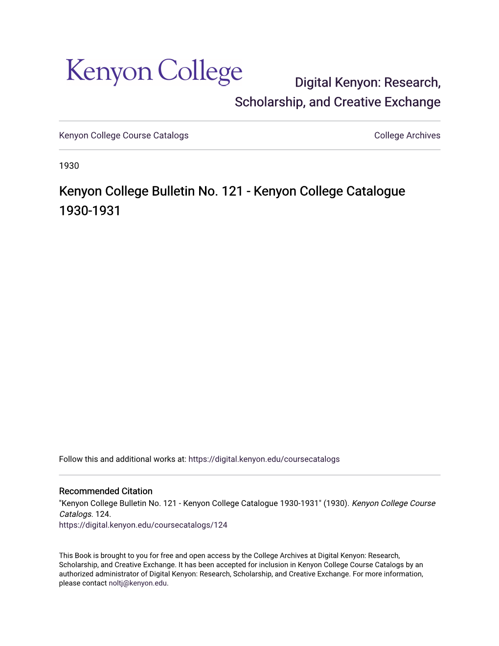 Kenyon College Catalogue 1930-1931