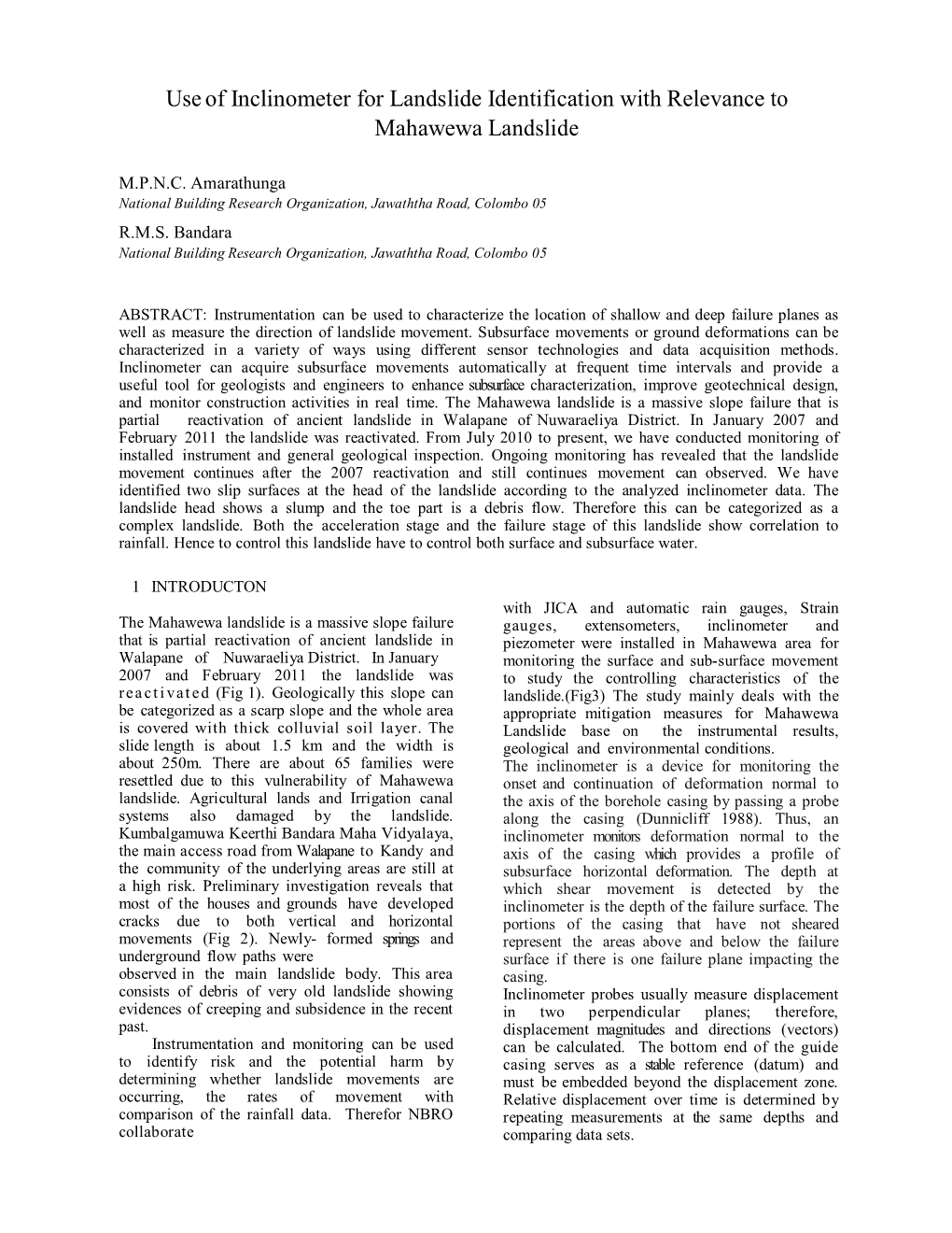 Use of Inclinometer for Landslide Identification with Relevance to Mahawewa Landslide