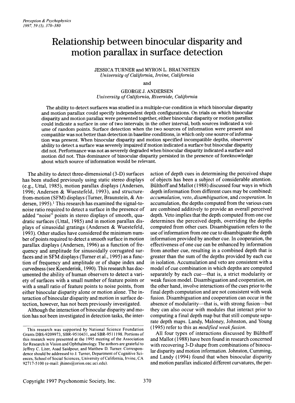 Relationship Between Binocular Disparity and Motion Parallax in Surface Detection