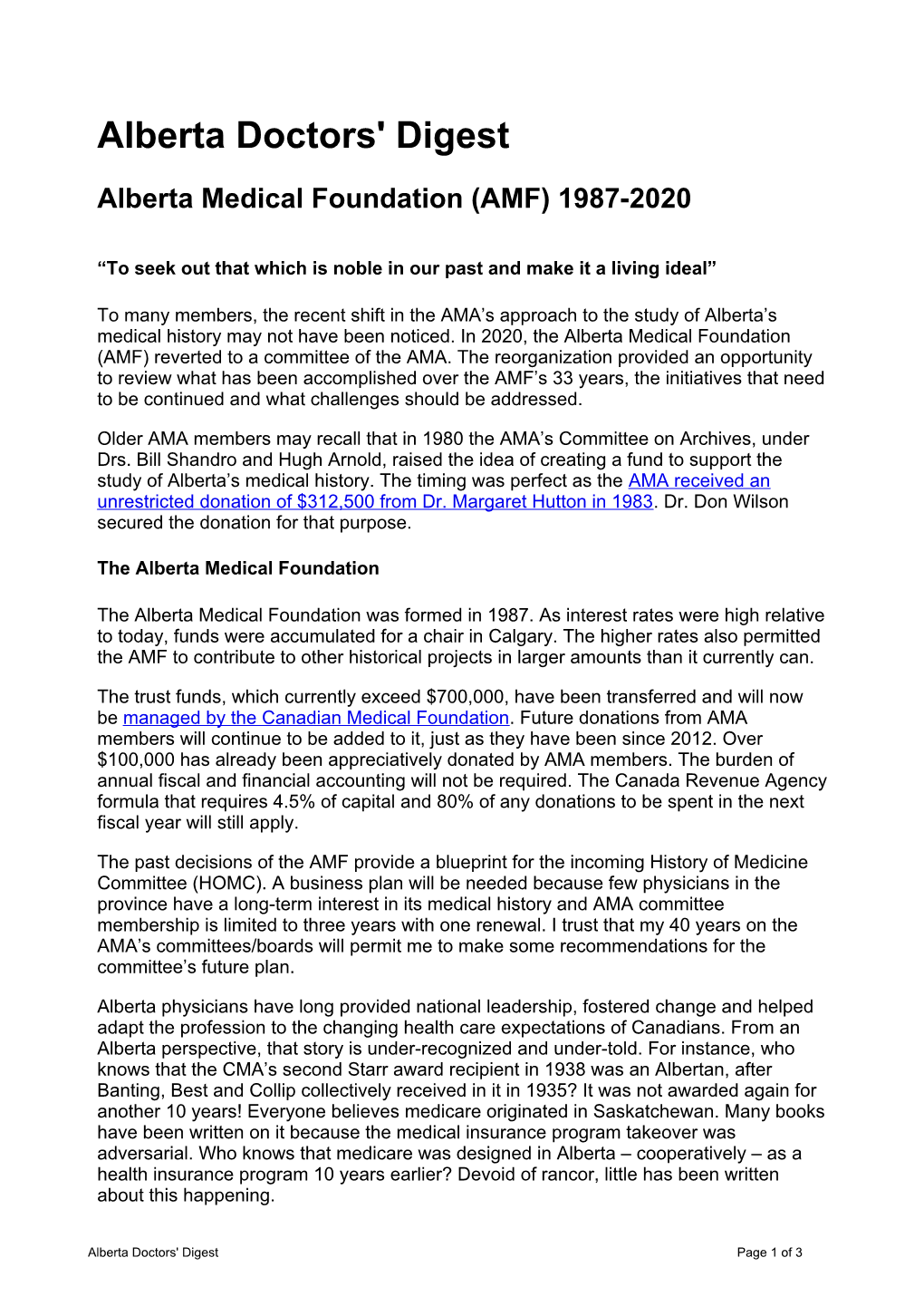 Alberta Medical Foundation (AMF) 1987-2020 | Alberta Doctors' Digest