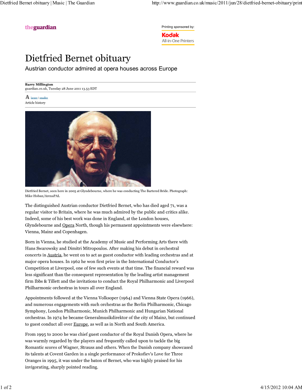 Dietfried Bernet Obituary | Music | the Guardian