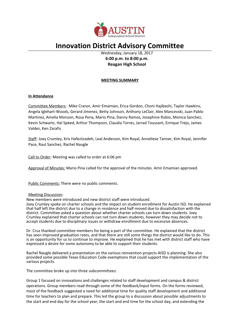 Innovation District Advisory Committee