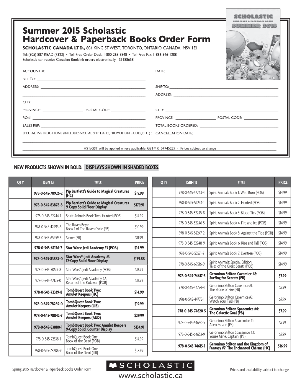 Summer 2015 Scholastic Hardcover & Paperback Books Order Form