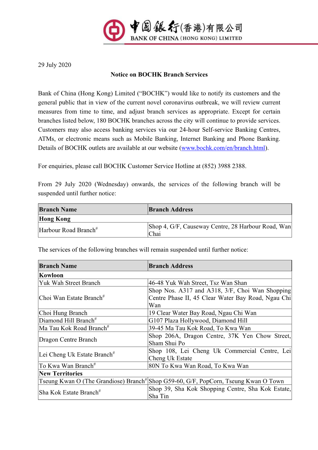 29 July 2020 Notice on BOCHK Branch Services Bank of China