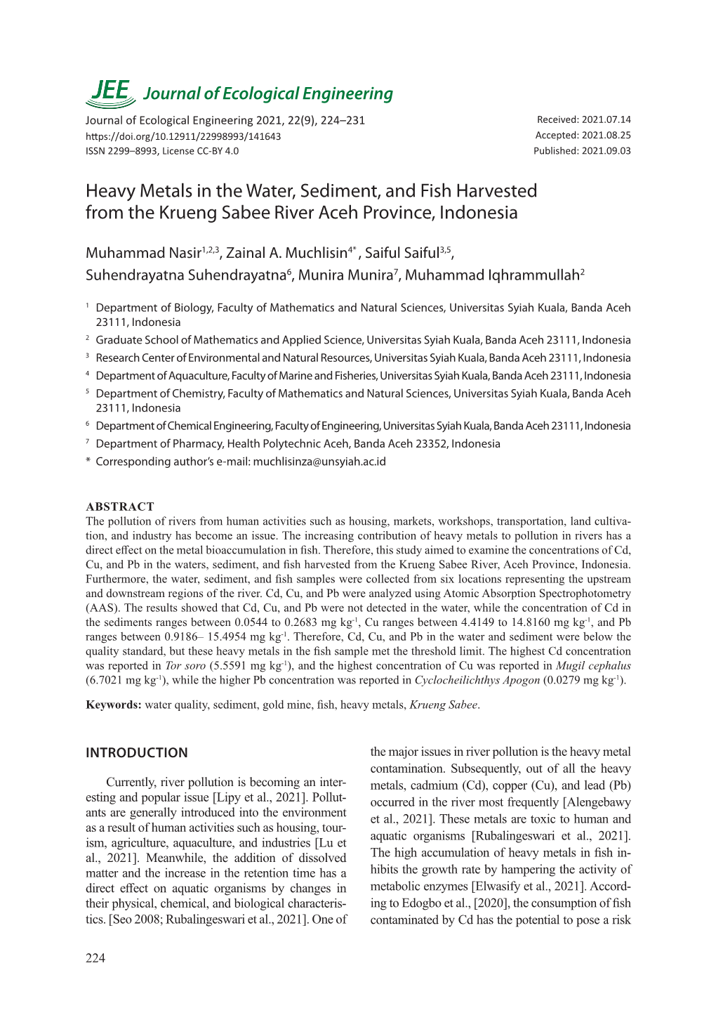 Heavy Metals in the Water, Sediment, and Fish Harvested from the Krueng Sabee River Aceh Province, Indonesia