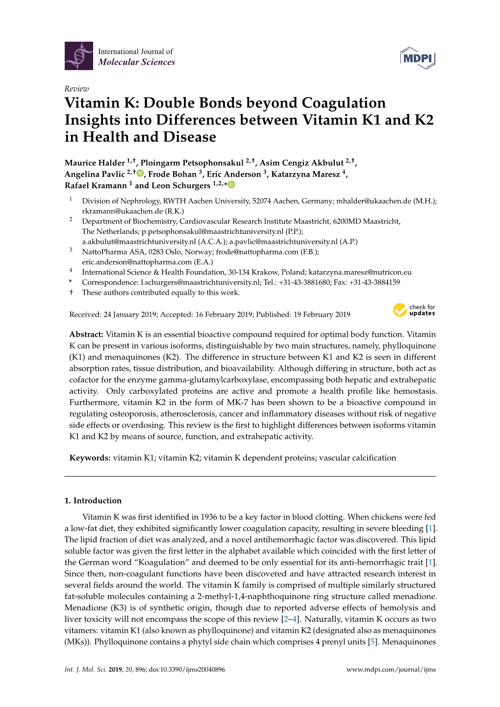 Vitamin K: Double Bonds Beyond Coagulation Insights Into Differences Between Vitamin K1 and K2 in Health and Disease