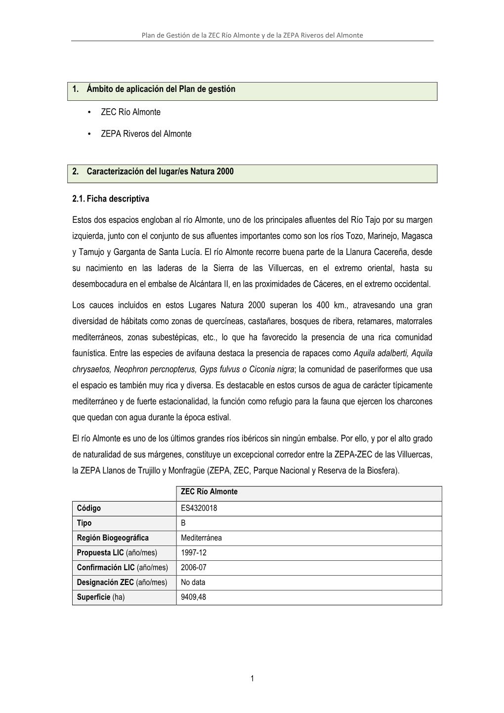 1. Ámbito De Aplicación Del Plan De Gestión • ZEC Río Almonte • ZEPA
