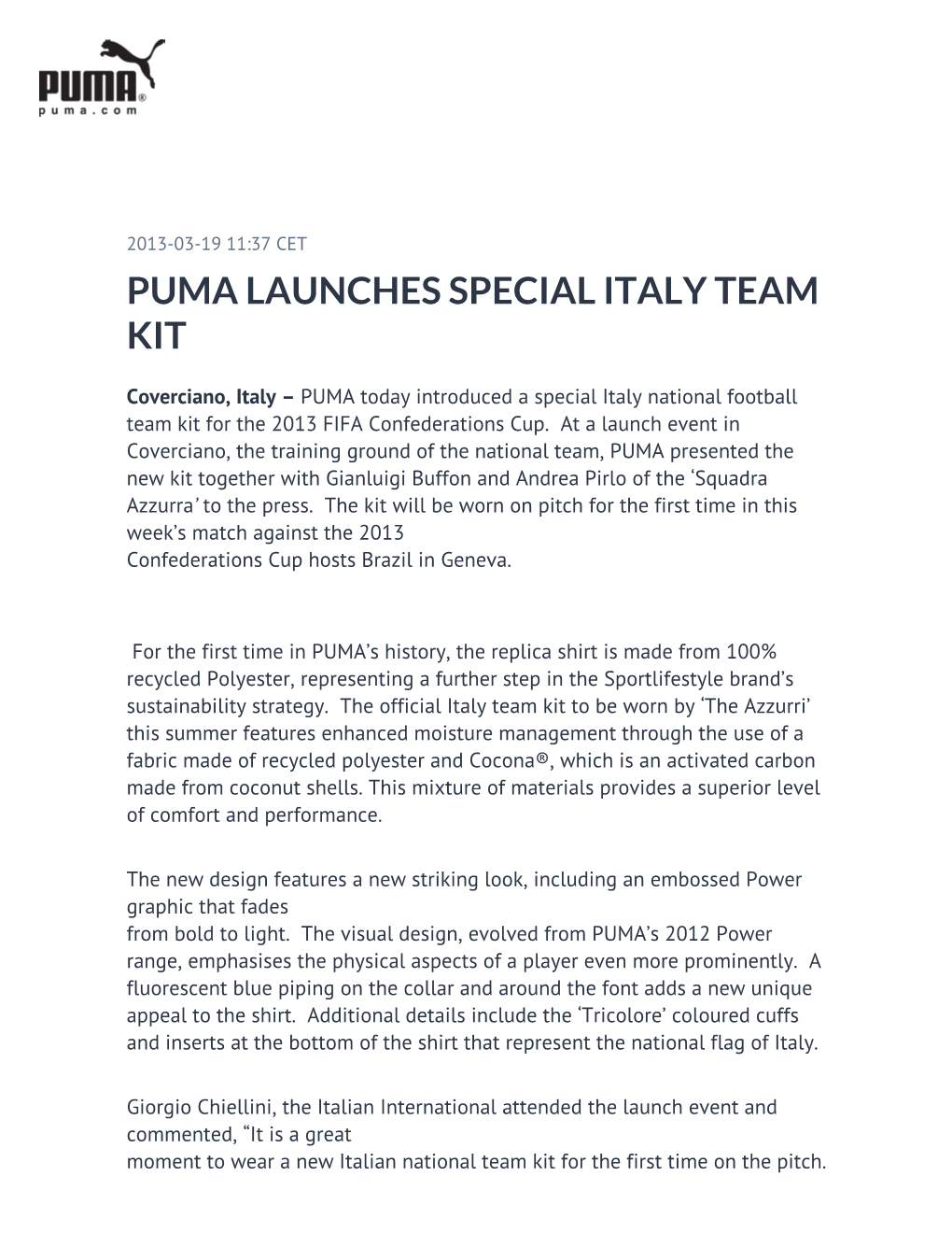 Puma Launches Special Italy Team Kit