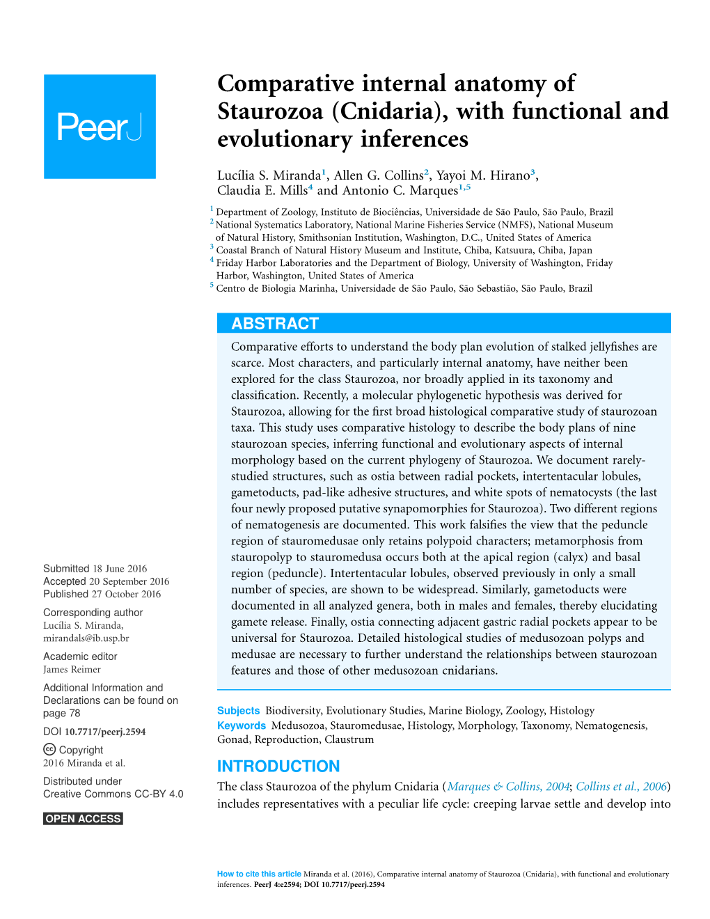 Comparative Internal Anatomy of Staurozoa (Cnidaria), with Functional and Evolutionary Inferences