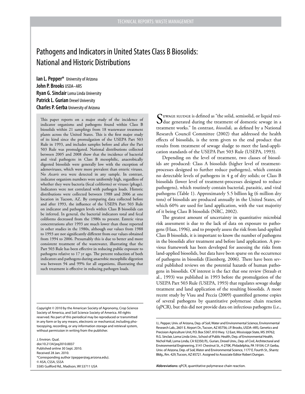 Pathogens and Indicators in United States Class B Biosolids: National and Historic Distributions