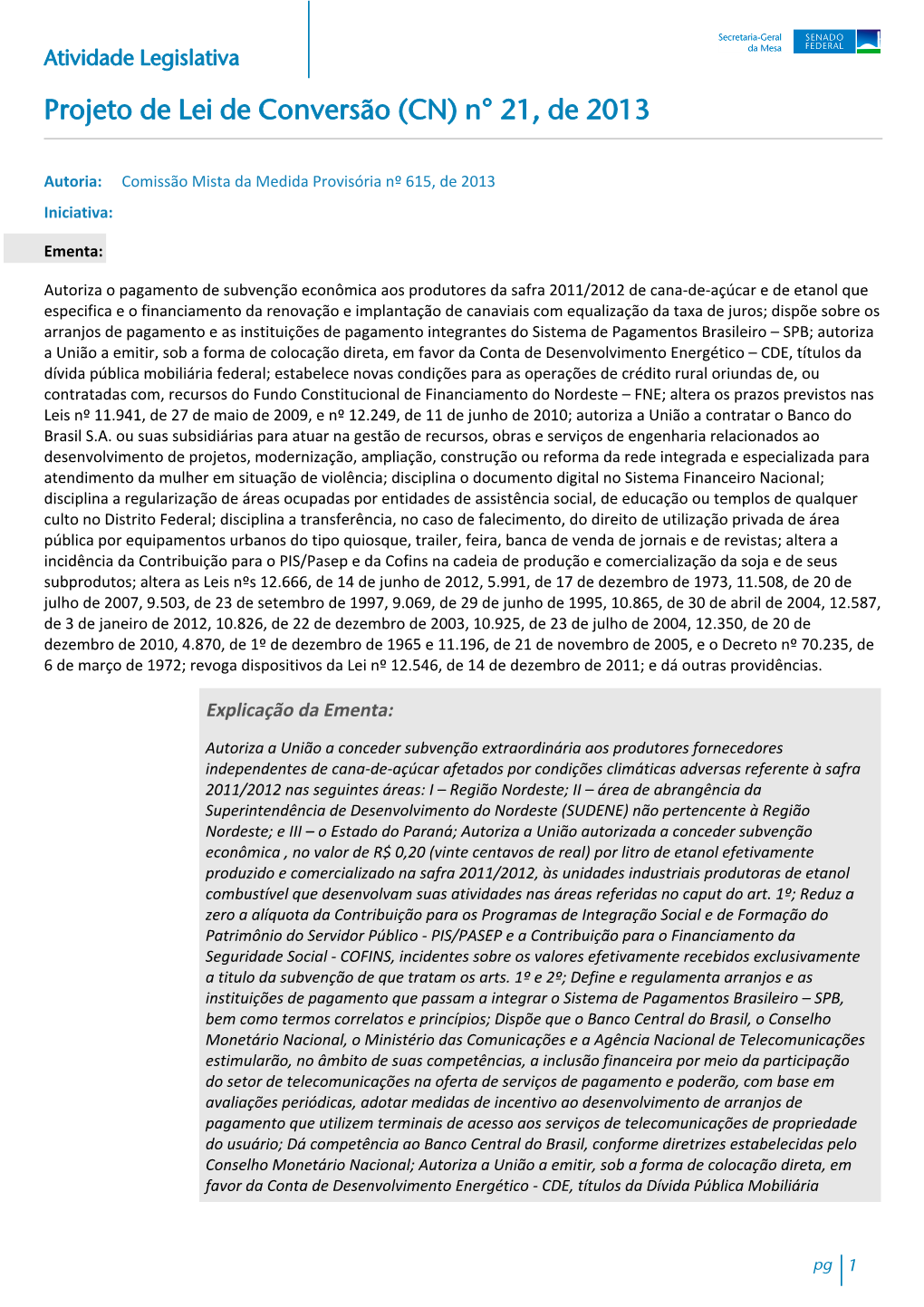 Projeto De Lei De Conversão (CN) N° 21, De 2013