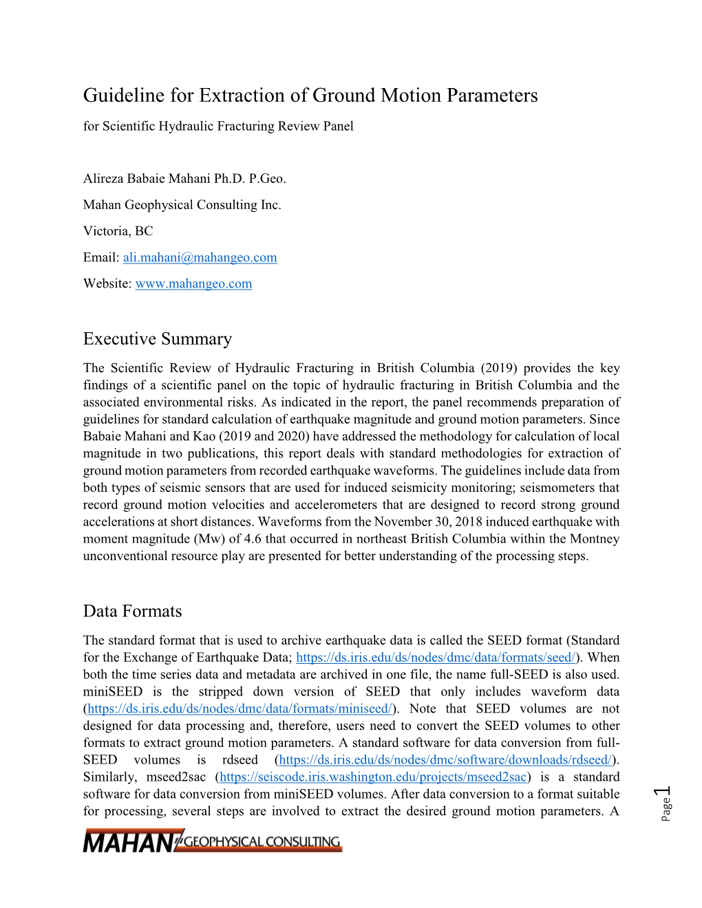 Guideline for Extraction of Ground Motion Parameters for Scientific Hydraulic Fracturing Review Panel