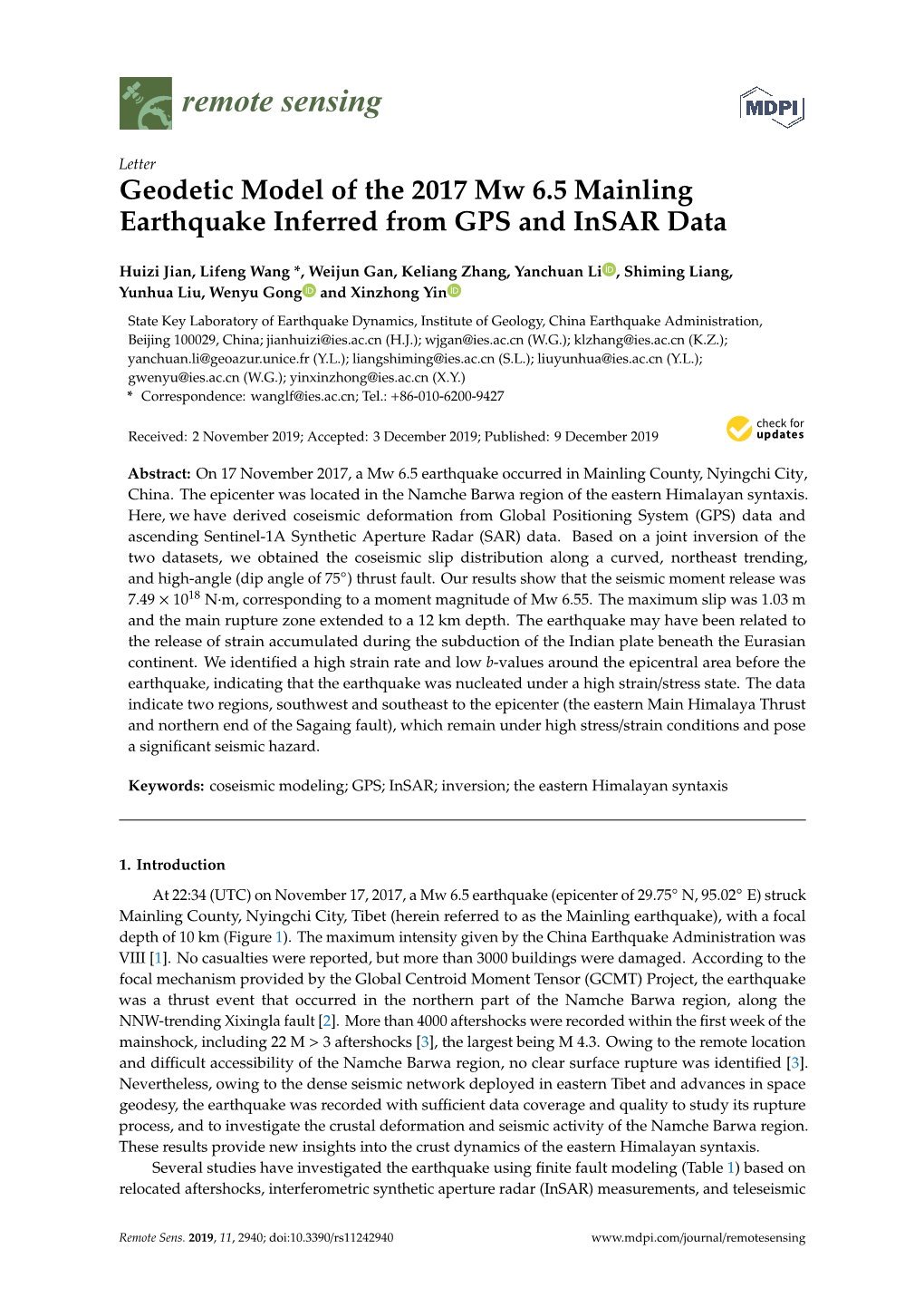 Geodetic Model of the 2017 Mw 6.5 Mainling Earthquake Inferred from GPS and Insar Data