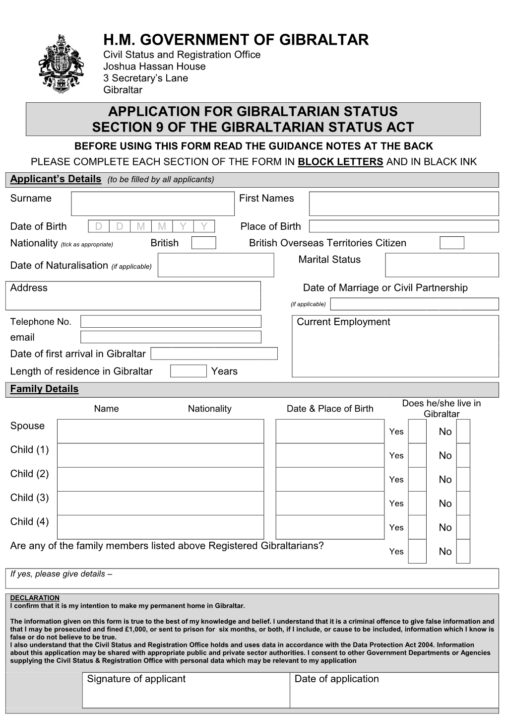 Application for Gibraltarian Status (Section 9)