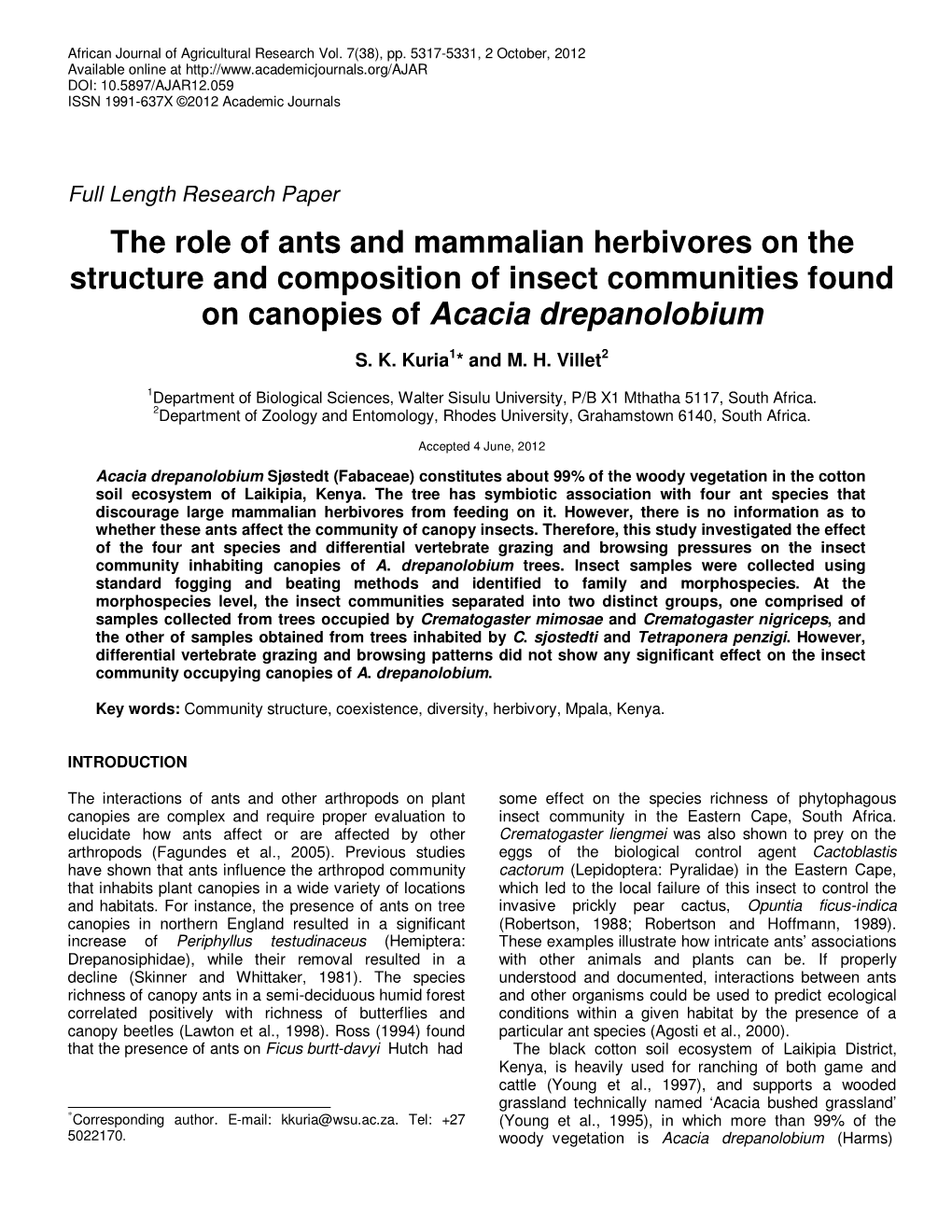 The Role of Ants and Mammalian Herbivores on the Structure and Composition of Insect Communities Found on Canopies of Acacia Drepanolobium