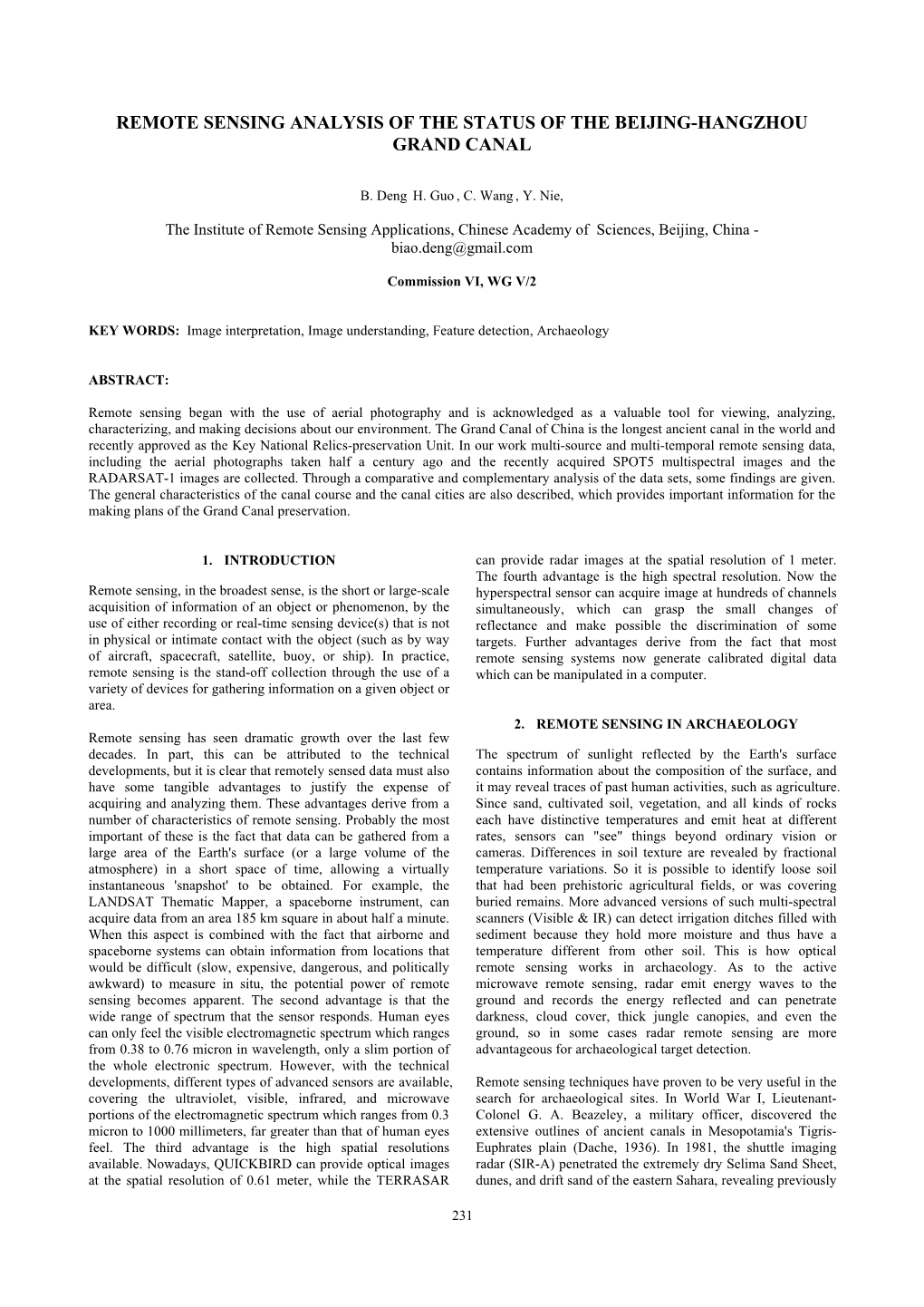 Remote Sensing Analysis of the Status of the Beijing-Hangzhou Grand Canal