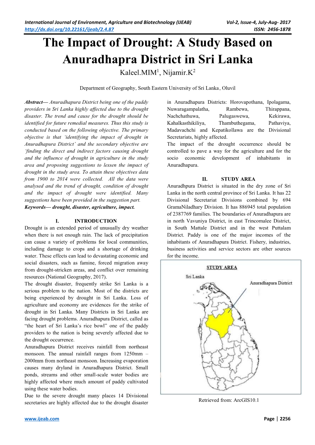 The Impact of Drought: a Study Based on Anuradhapra District in Sri Lanka Kaleel.MIM1, Nijamir.K2