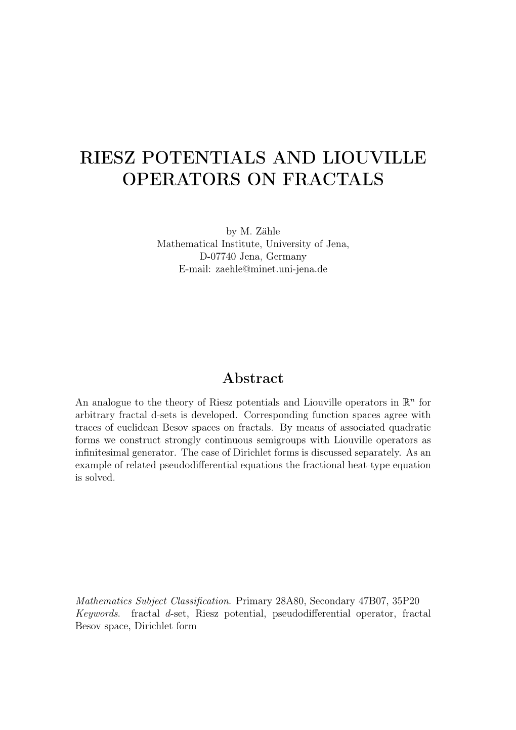 Riesz Potentials and Liouville Operators on Fractals