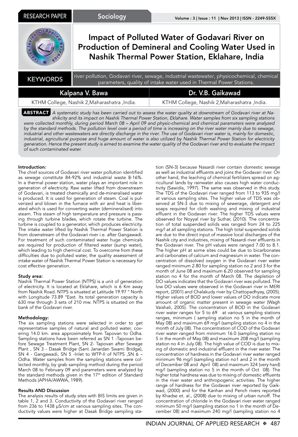 Impact of Polluted Water of Godavari River on Production of Demineral and Cooling Water Used in Nashik Thermal Power Station, Eklahare, India