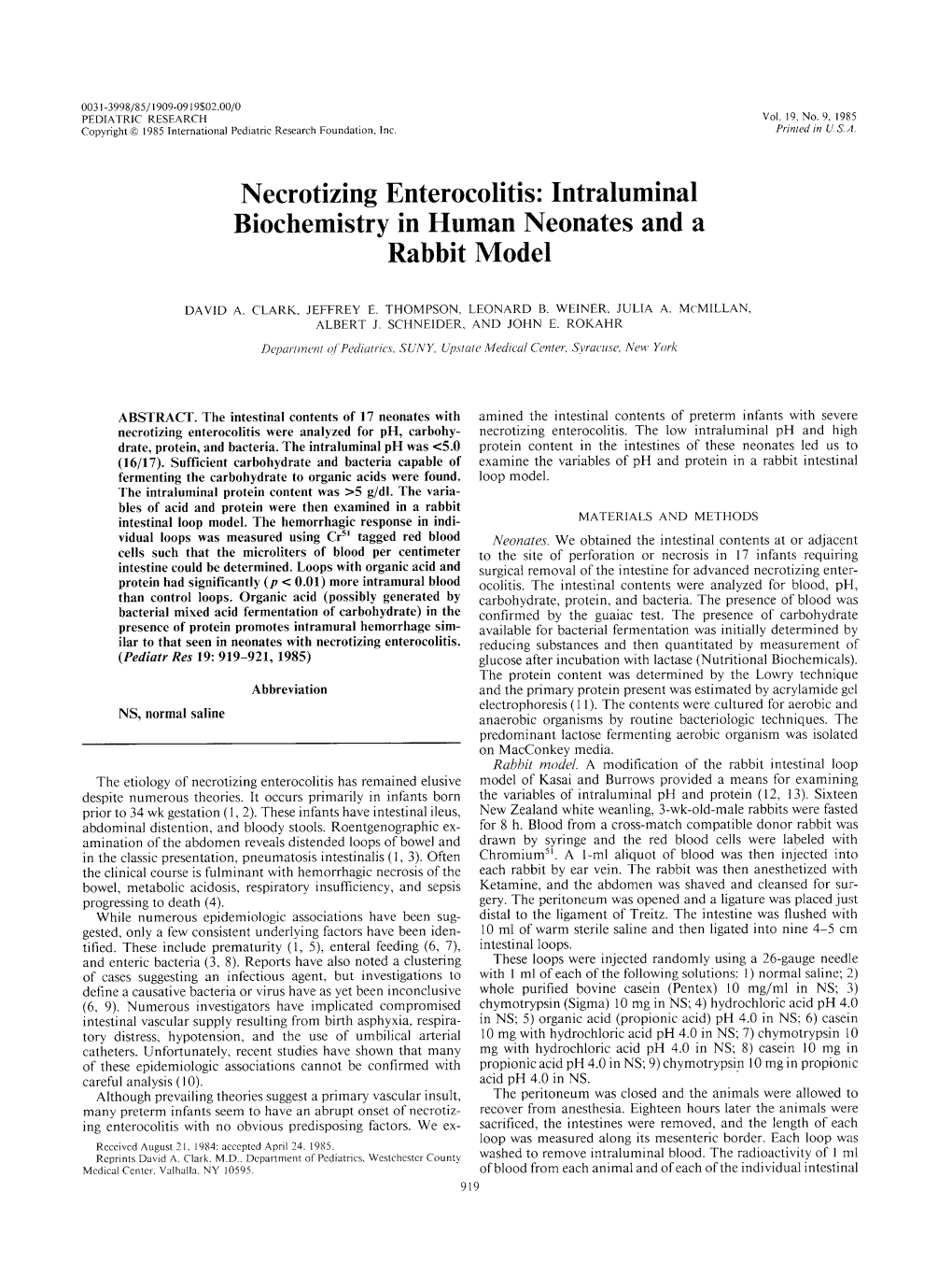 Necrotizing Enterocolitis: Intraluminal Biochemistry in Human Neonates and a Rabbit Model