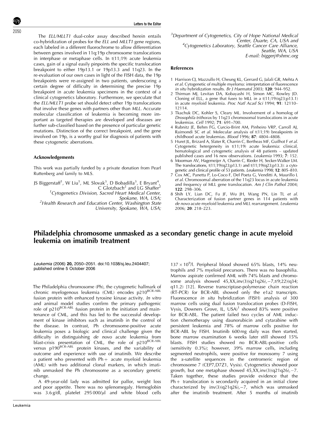 Philadelphia Chromosome Unmasked As a Secondary Genetic Change in Acute Myeloid Leukemia on Imatinib Treatment