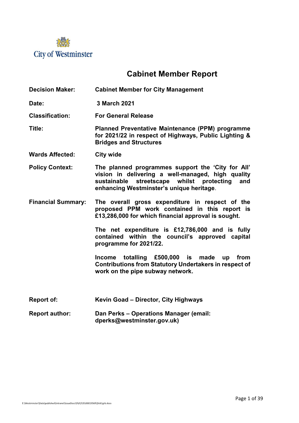 Cabinet Member Report