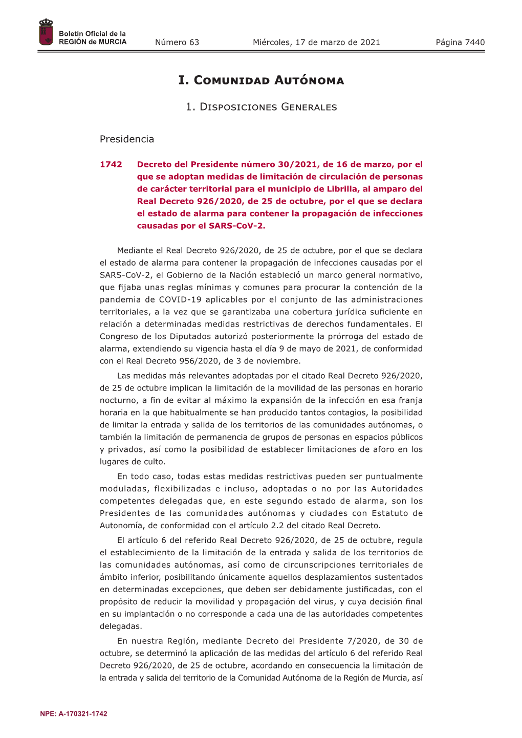 Decreto Del Presidente Número 30/2021, De 16 De Marzo