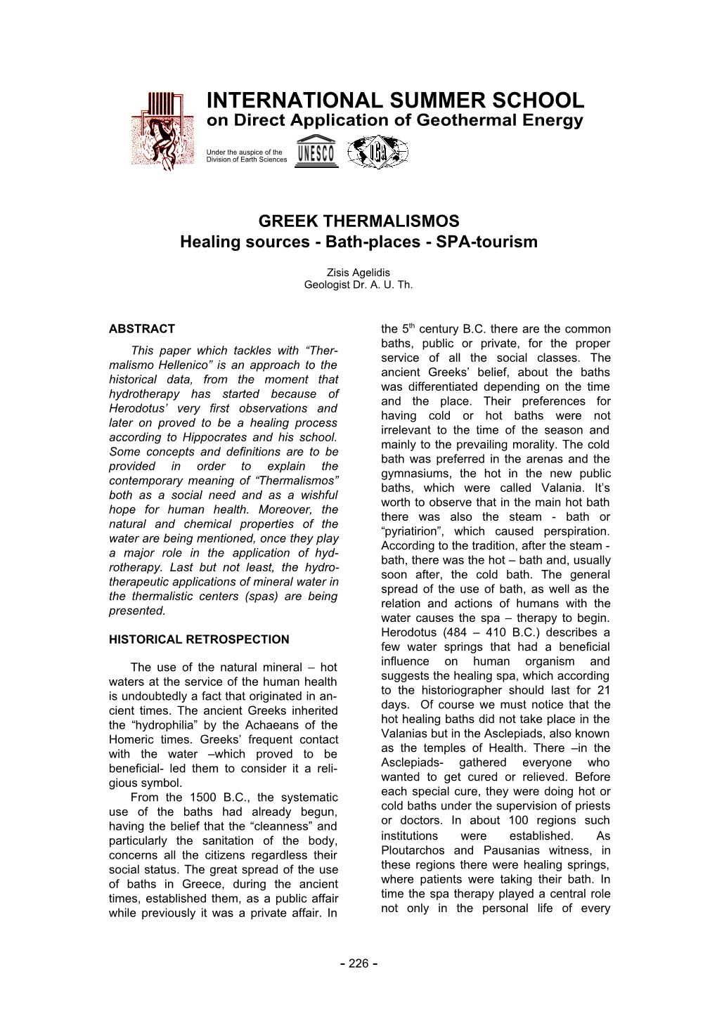 INTERNATIONAL SUMMER SCHOOL on Direct Application of Geothermal Energy