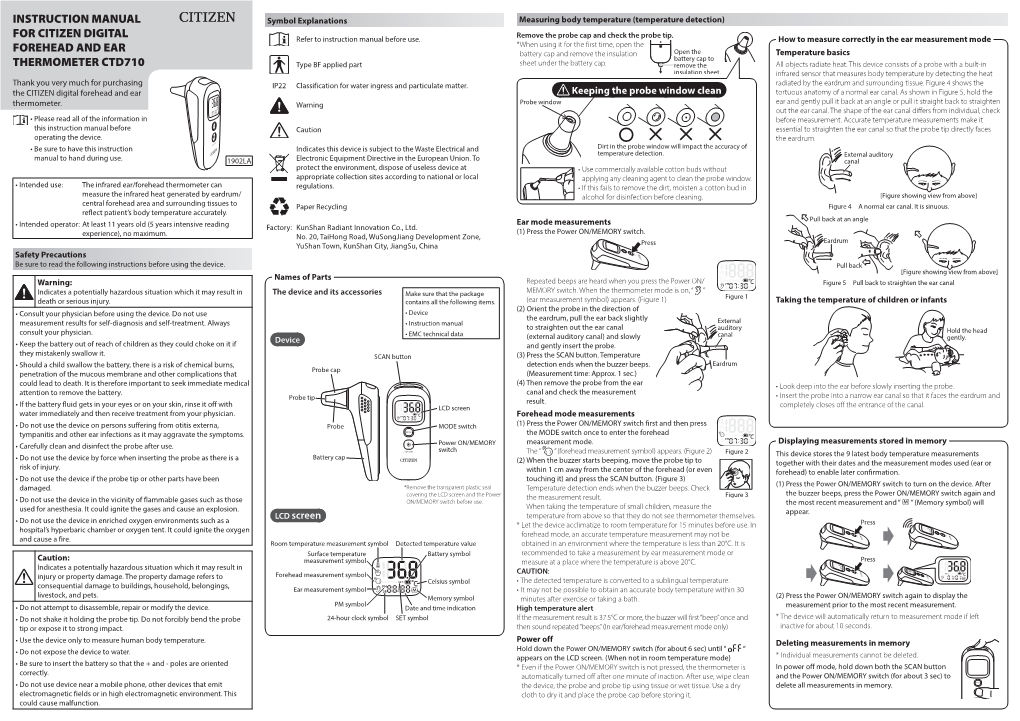 Instruction Manual for Citizen Digital Forehead And