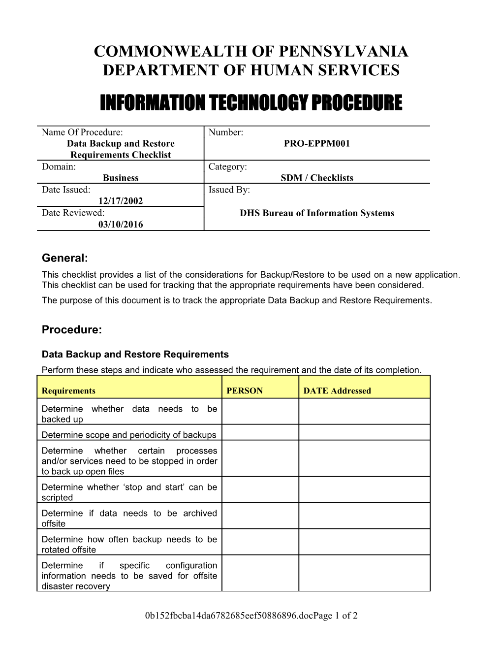 Data Backup and Restore Requirements Checklist