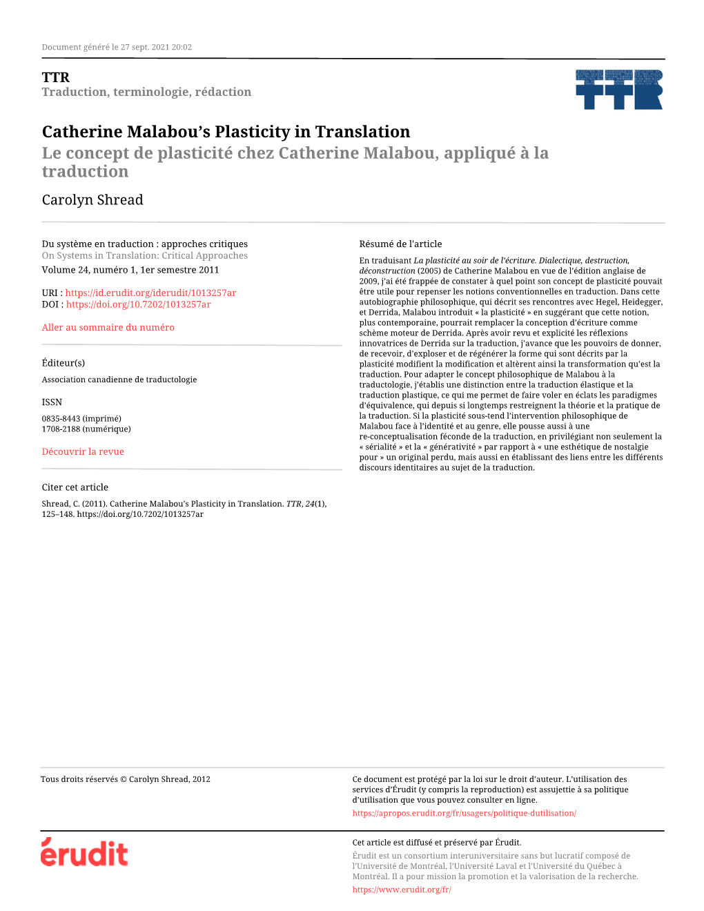 Catherine Malabou's Plasticity in Translation