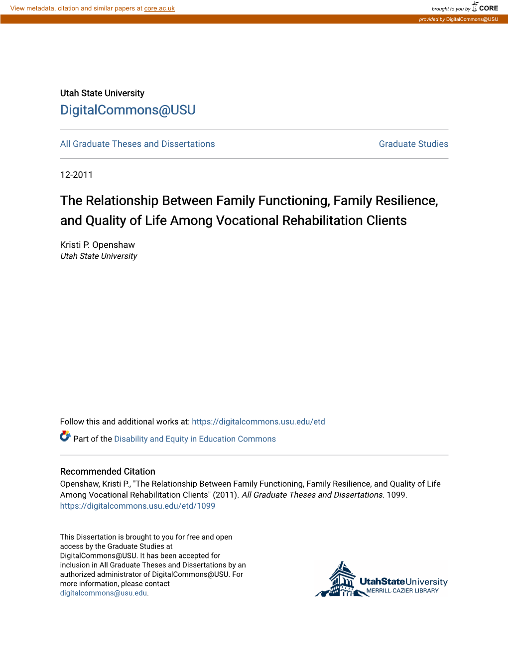 The Relationship Between Family Functioning, Family Resilience, and Quality of Life Among Vocational Rehabilitation Clients