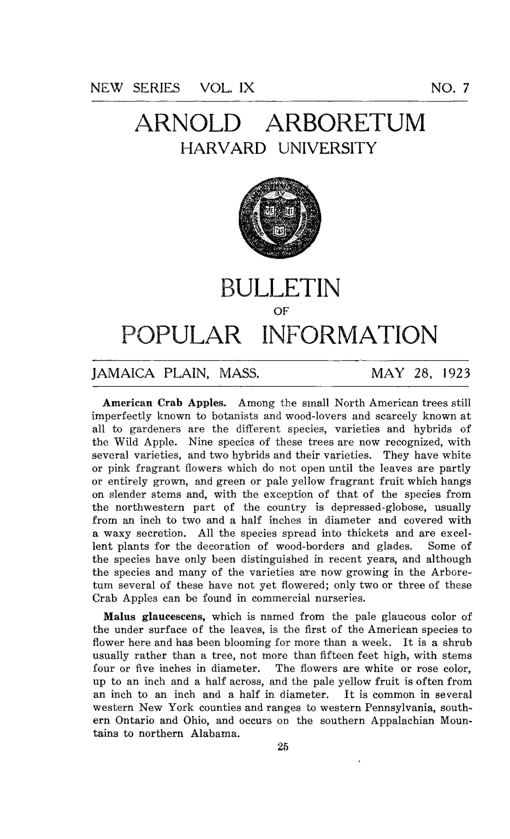 ARNOLD ARBORETUM BULLETIN POPULAR I~I~'C~~~~A't'ic~I~1