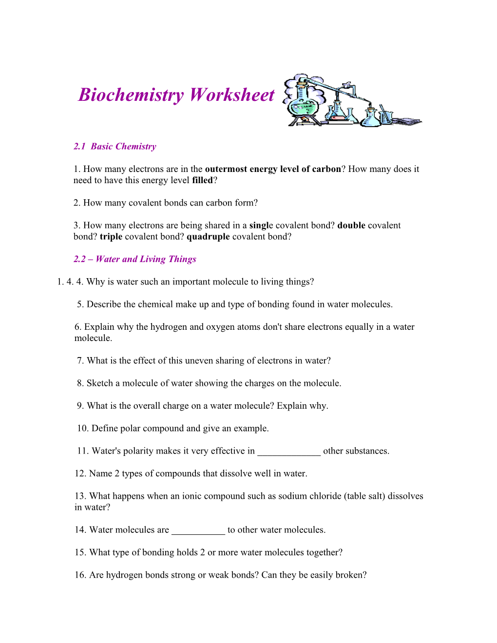 Biochemistry Worksheet