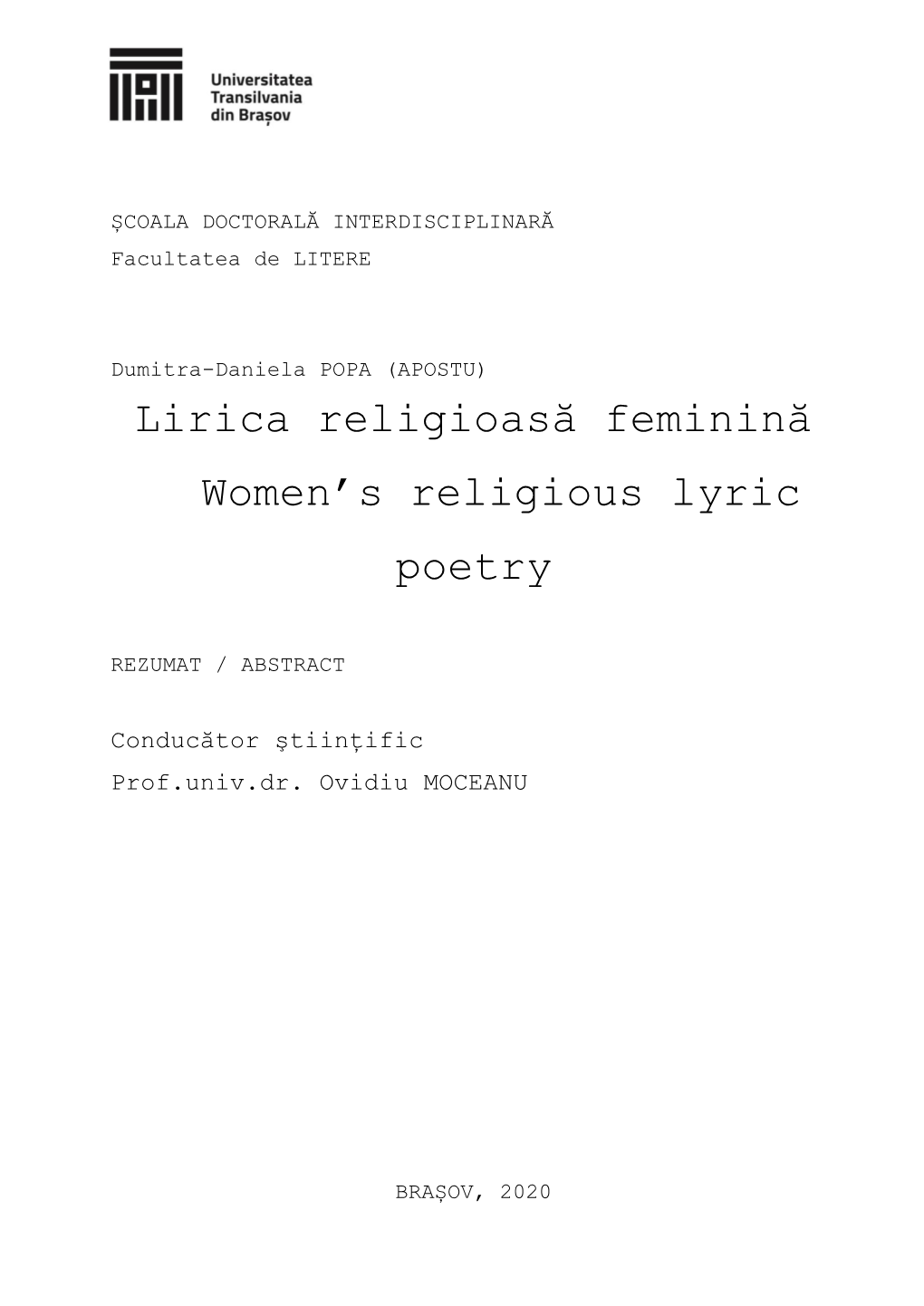 Lirica Religioasă Feminină Women's Religious Lyric Poetry