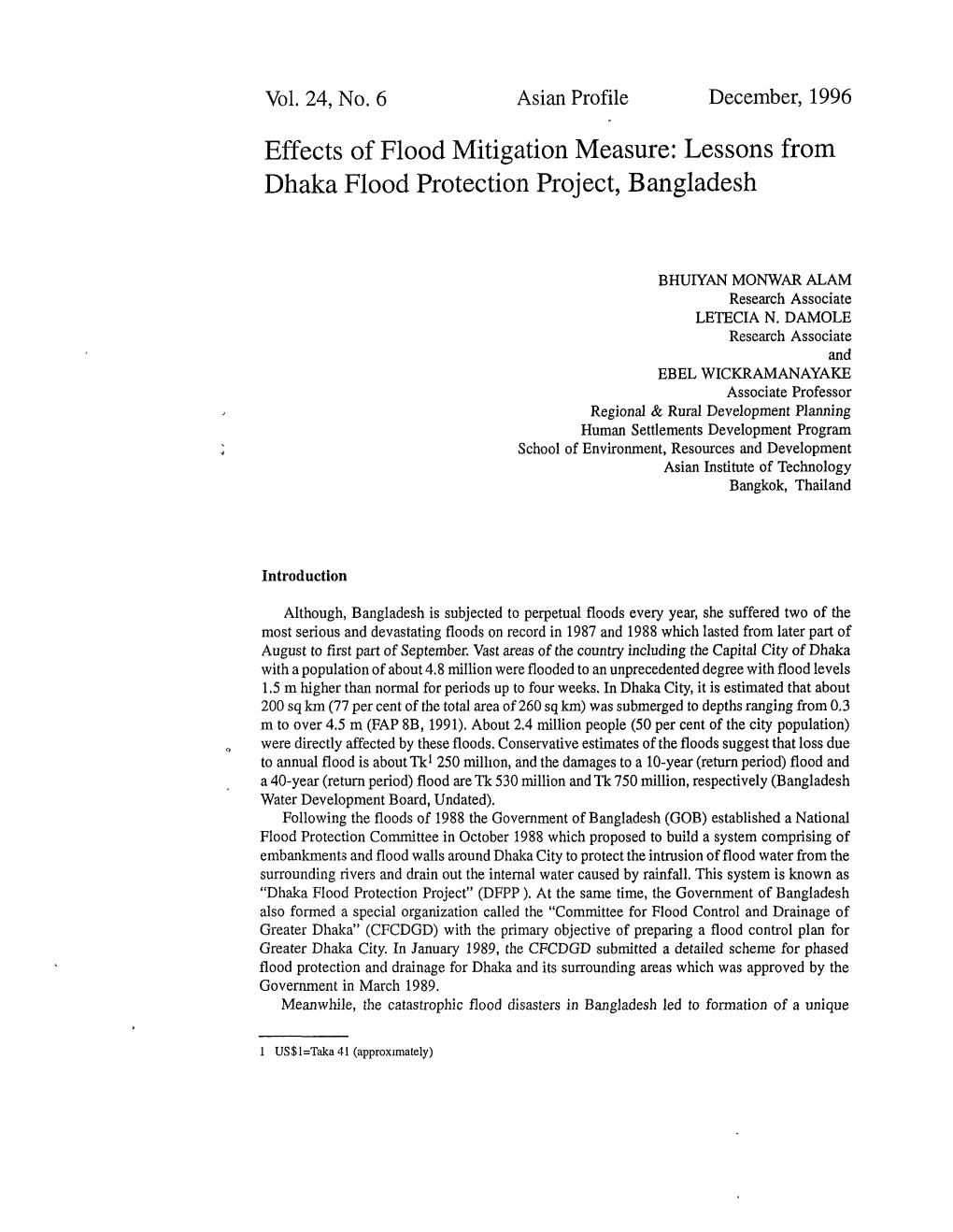 Effects of Flood Mitigation Measure: Lessons from Dhaka Flood Protection Project, Bangladesh