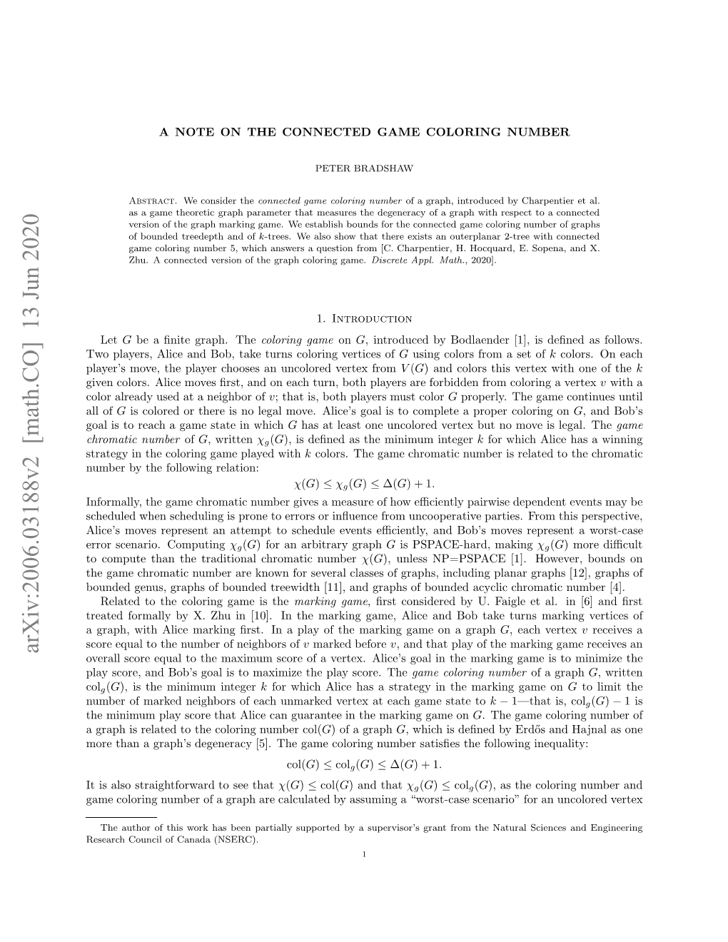 Arxiv:2006.03188V2 [Math.CO] 13 Jun 2020 Eerhcuclo Aaa(NSERC)