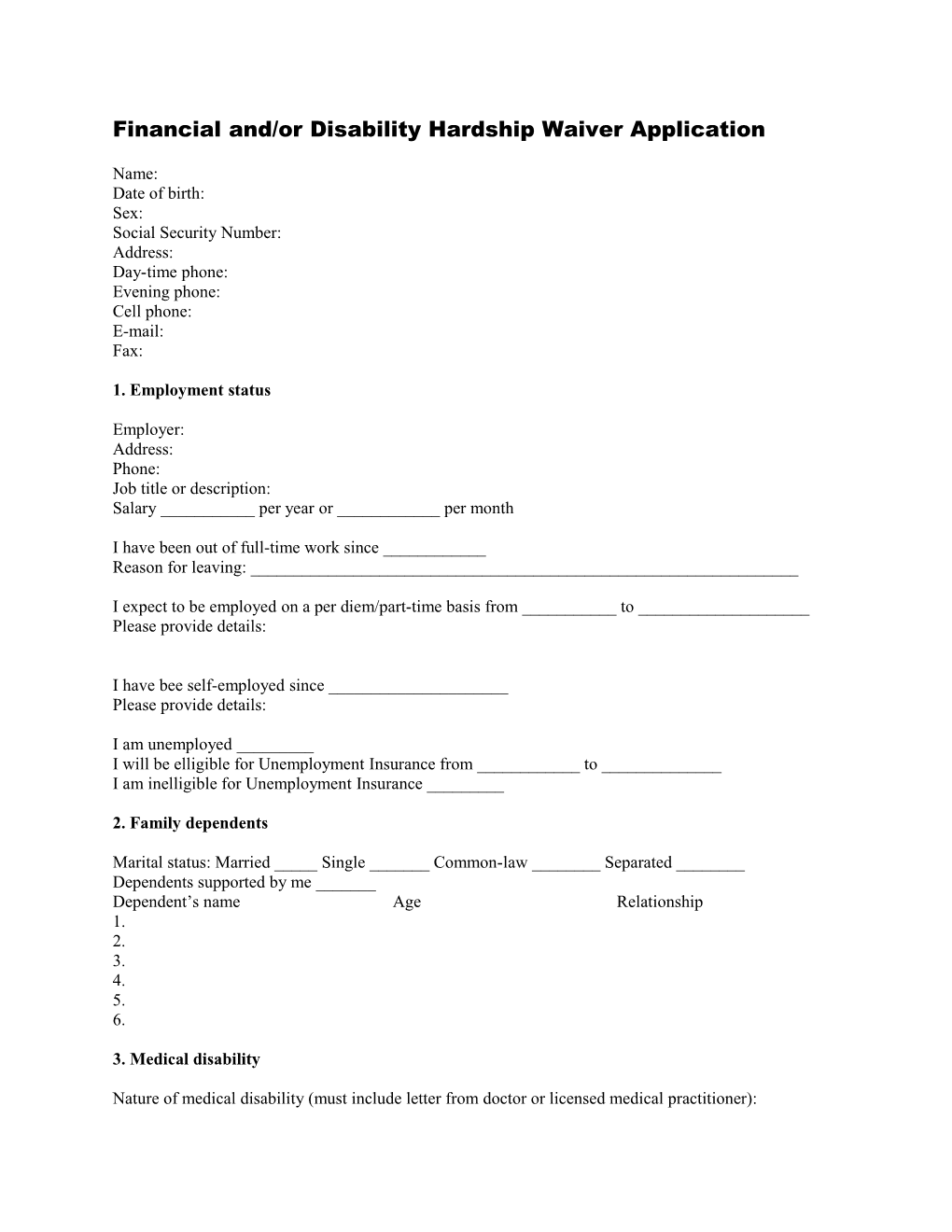 Financial And/Or Disability Hardship Waiver Application