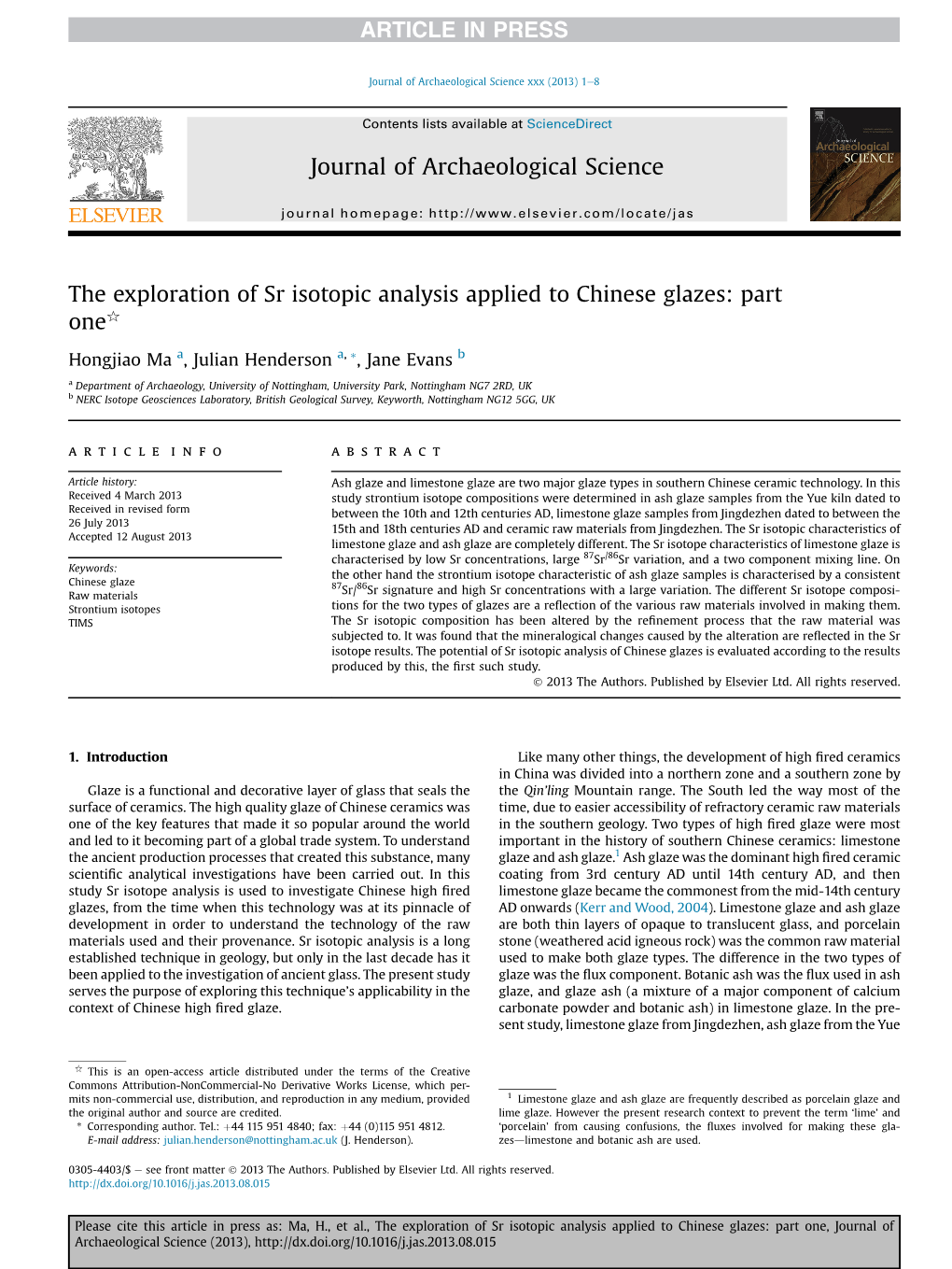 The Exploration of Sr Isotopic Analysis Applied to Chinese Glazes: Part Oneq