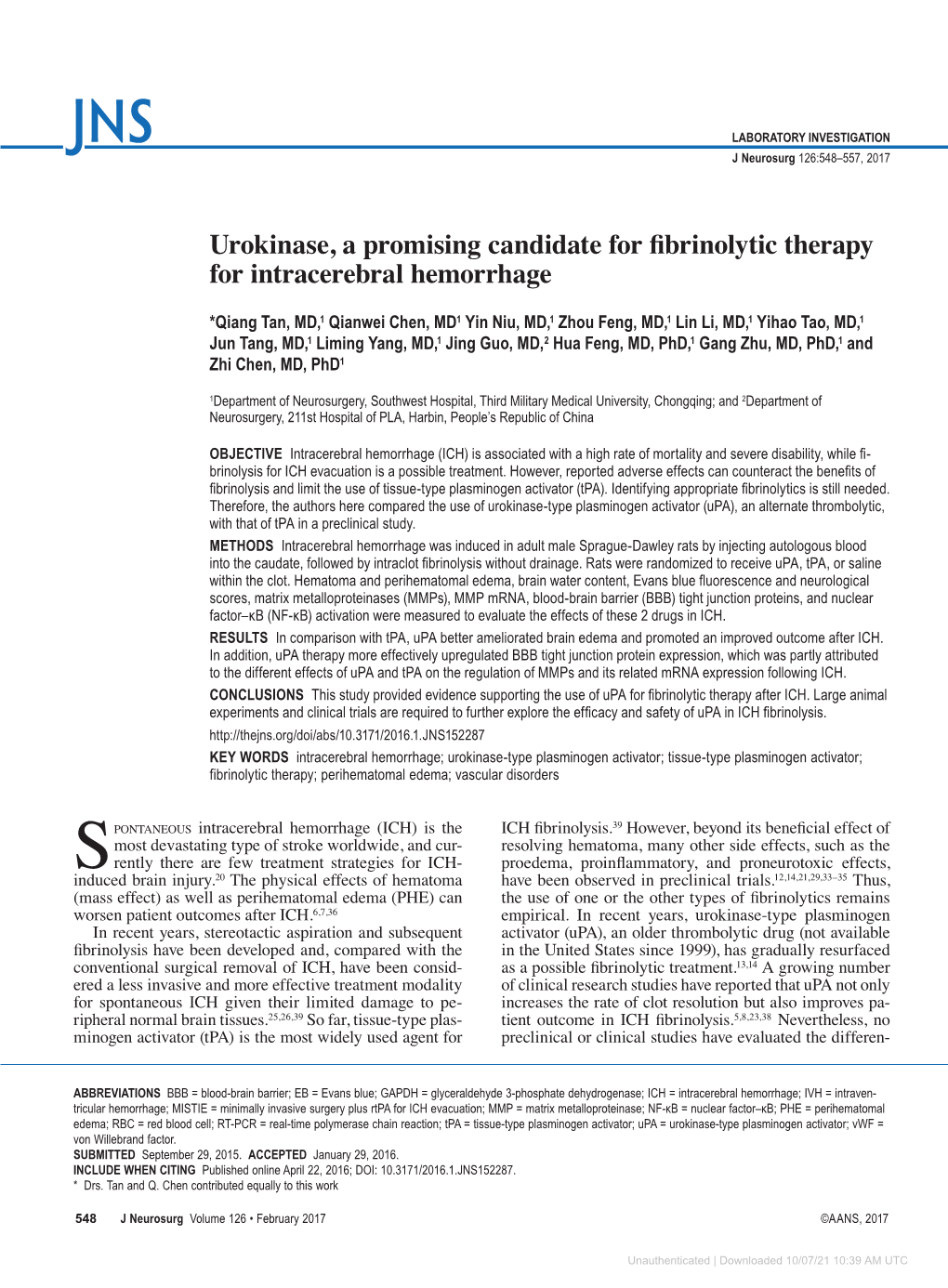 Urokinase, a Promising Candidate for Fibrinolytic Therapy for Intracerebral Hemorrhage