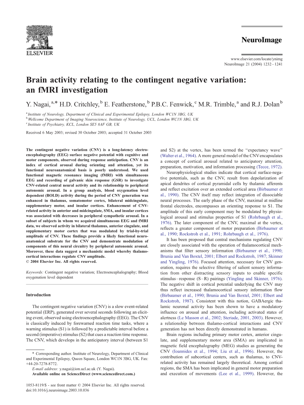 Brain Activity Relating to the Contingent Negative Variation: an Fmri Investigation