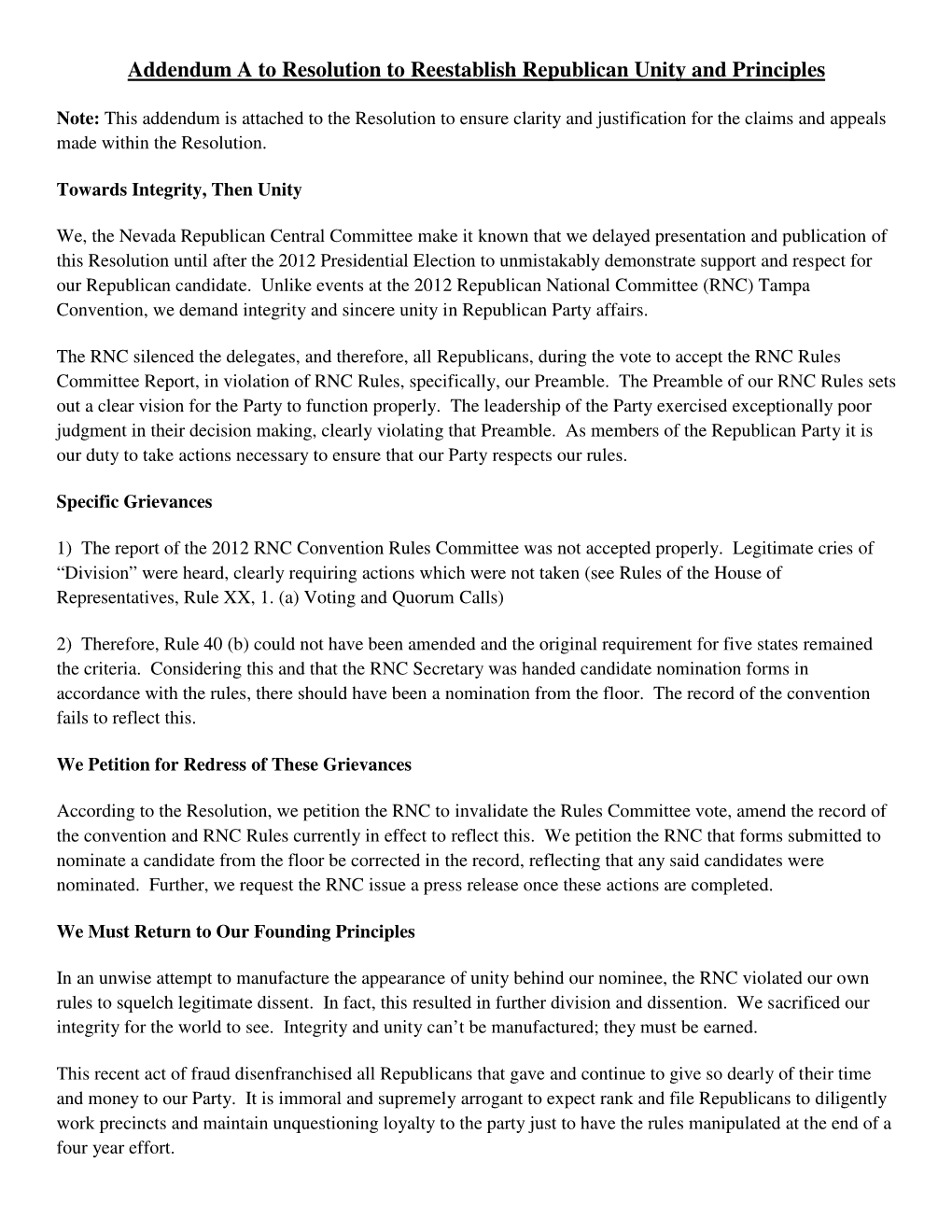 Addendum a to Resolution to Reestablish Republican Unity and Principles