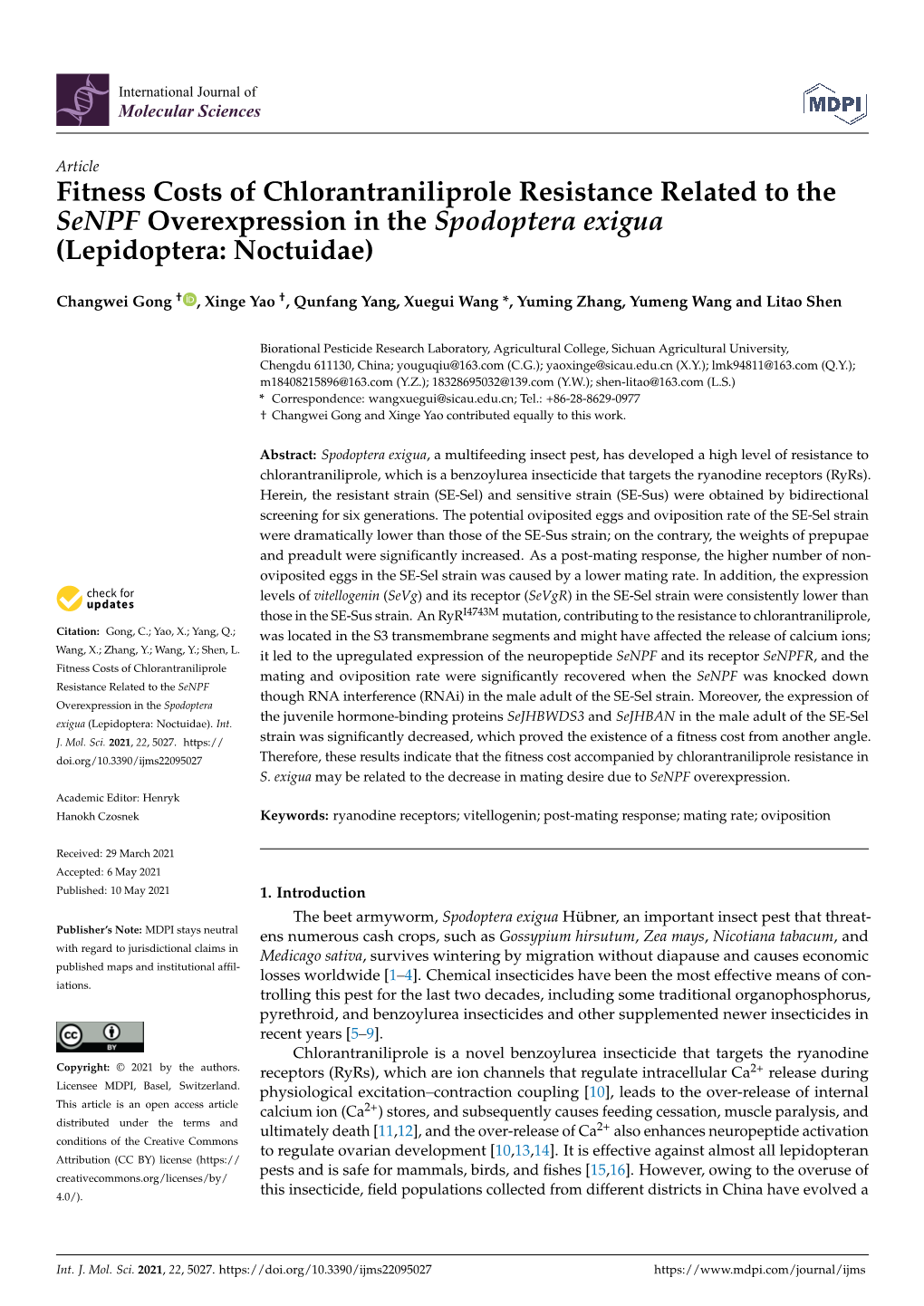 Fitness Costs of Chlorantraniliprole Resistance Related to the Senpf Overexpression in the Spodoptera Exigua (Lepidoptera: Noctuidae)