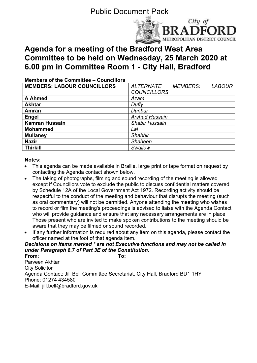 Agenda Document for Bradford West Area Committee, 25/03/2020 18:00