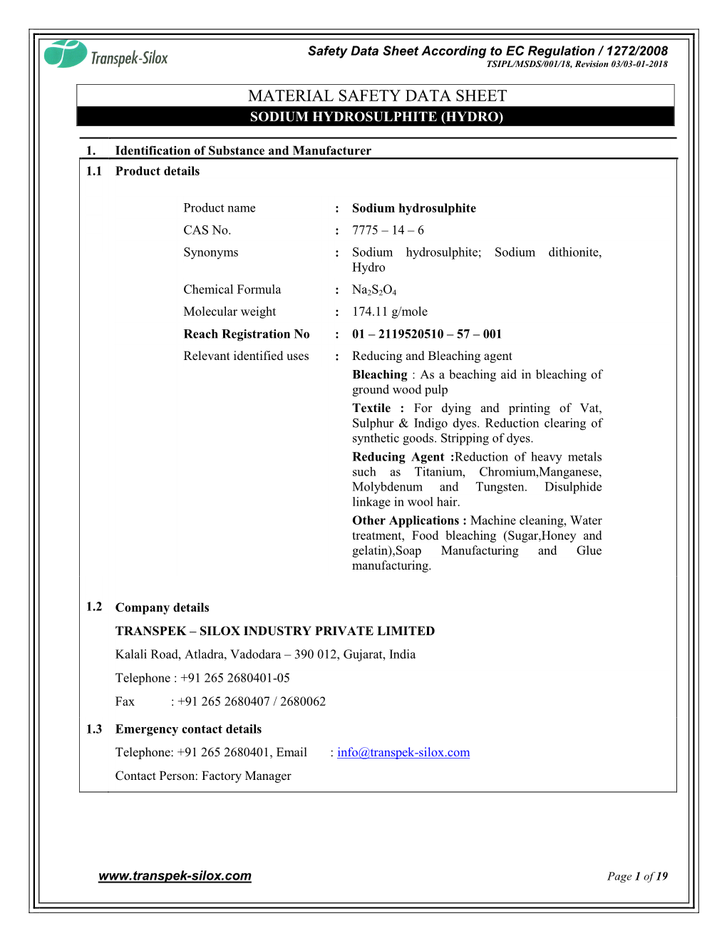 Material Safety Data Sheet Sodium Hydrosulphite (Hydro)