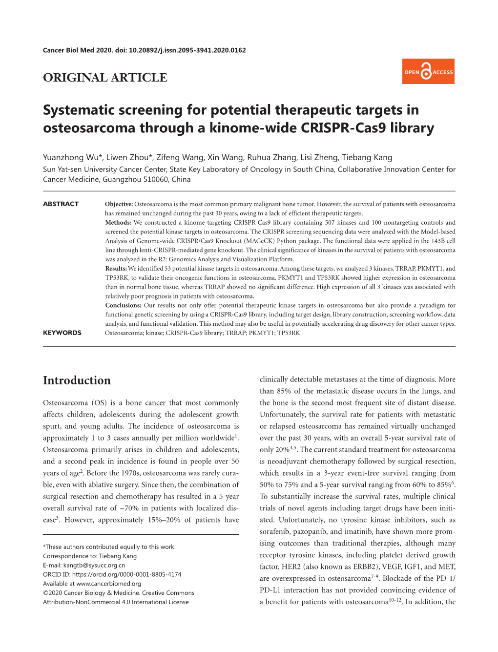 Systematic Screening for Potential Therapeutic Targets in Osteosarcoma Through a Kinome-Wide CRISPR-Cas9 Library