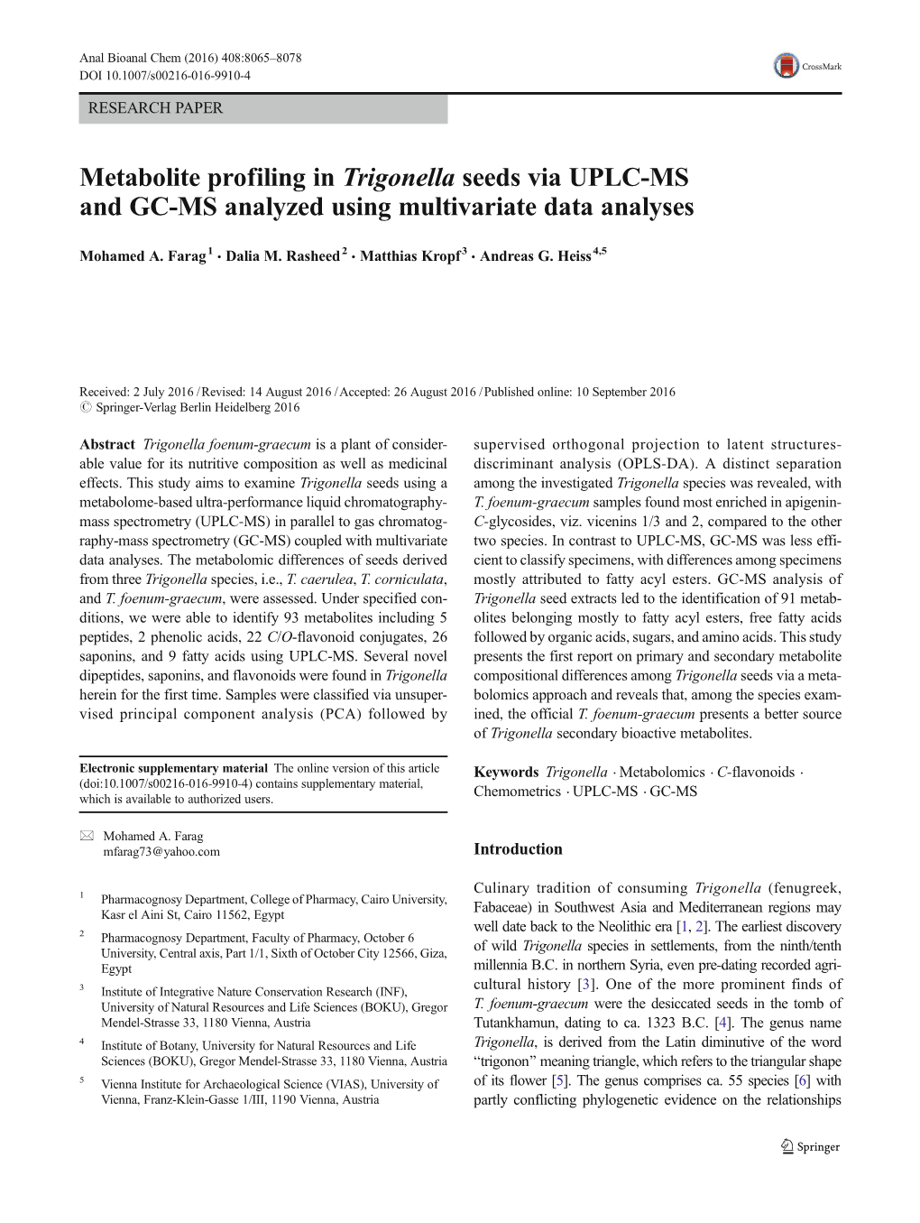 Metabolite Profiling in Trigonella Seeds Via UPLC-MS and GC-MS Analyzed Using Multivariate Data Analyses